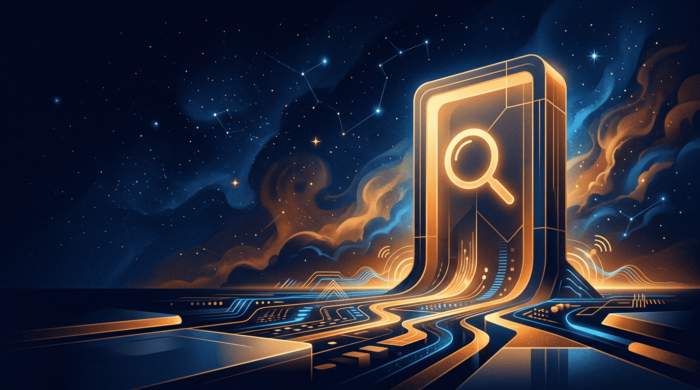 Abstract stylized illustration of a large glowing search bar rendered at architectural scale against a deep blue starry sky with amber accents — representing Google Ads intent capture for B2B SaaS